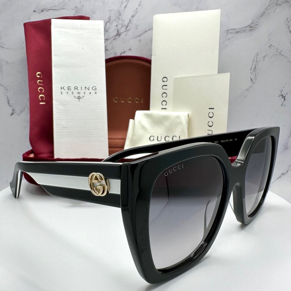 New GUCCI Sunglasses Black Square Gold Metal GG Web Arms Womens Authentic Gucci - Picture 1 of 16